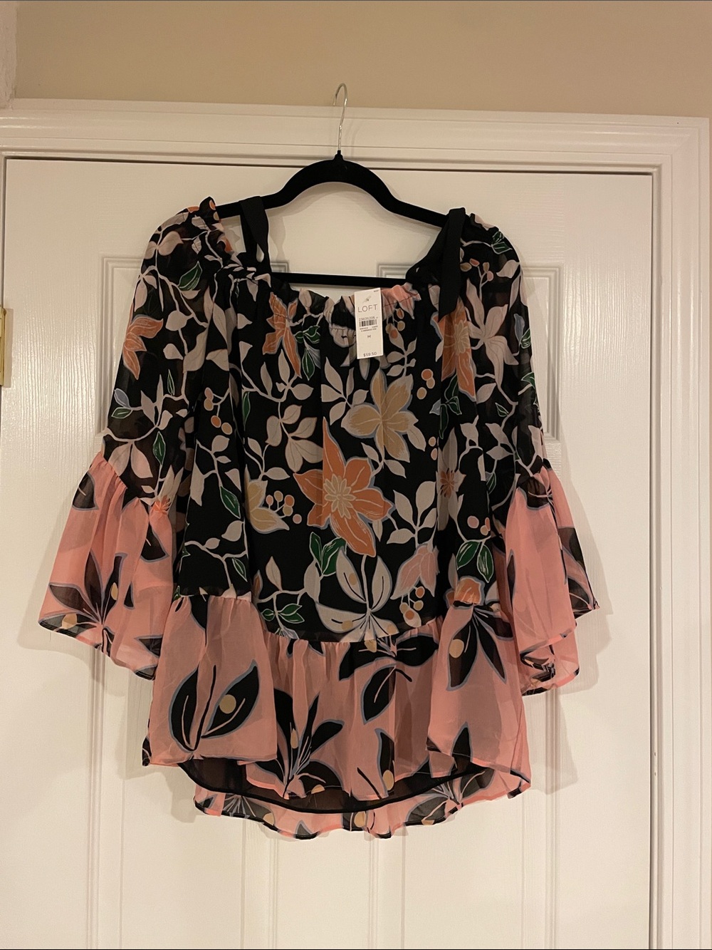 LOFT Black Floral Blouse with Pink Ruffle Hem